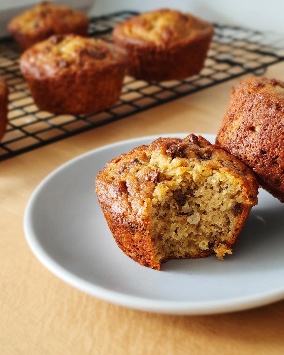 A partially eaten healthy banana muffin on a plate, showcasing its moist interior. More muffins are on a cooling rack in the background.