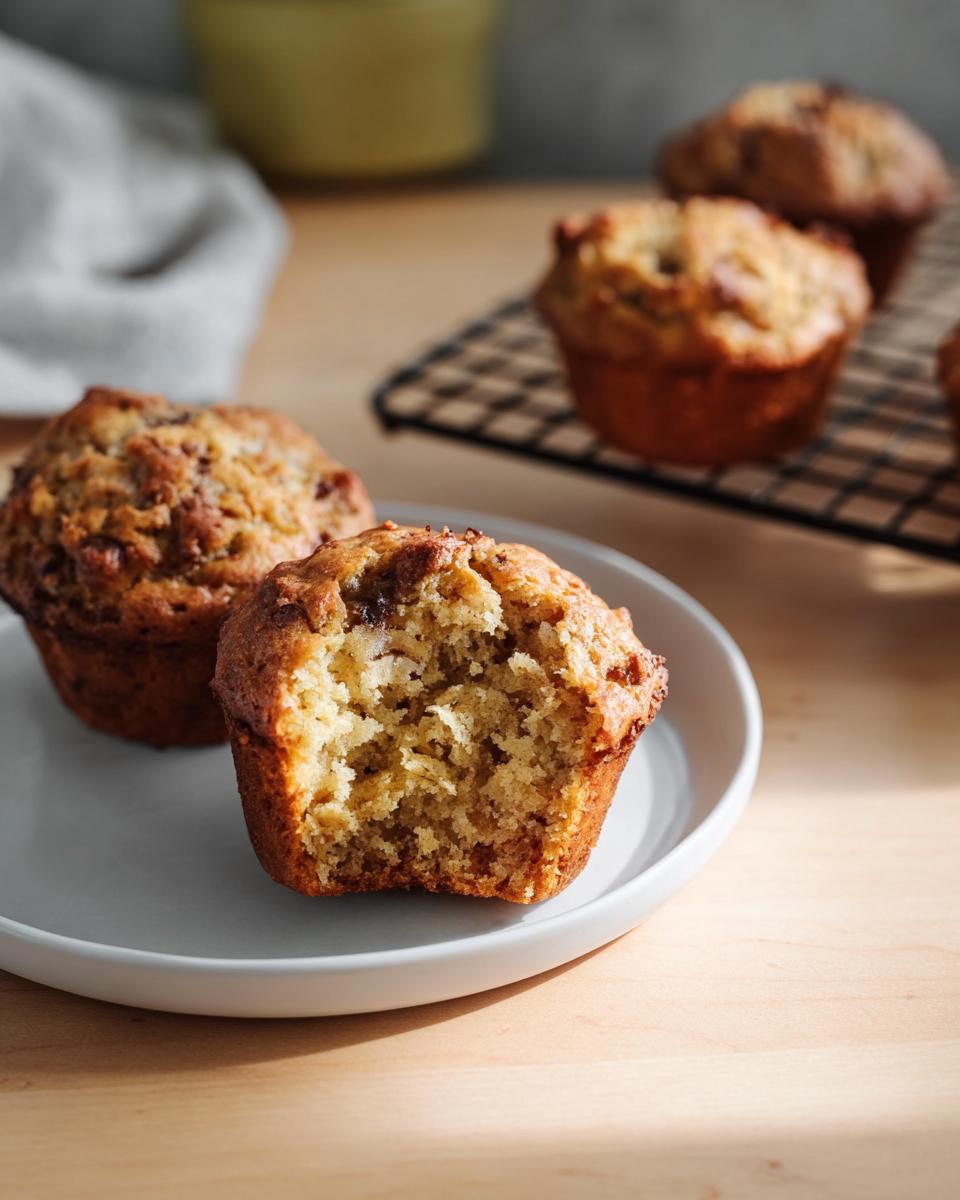 Close-up of a Healthy Banana Muffin with a bite taken out, showcasing its moist texture. More muffins are on a cooling rack.