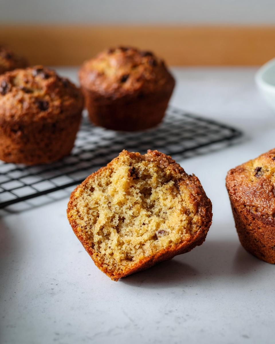 Close-up of a halved healthy banana muffin, showcasing its moist texture and ingredients.