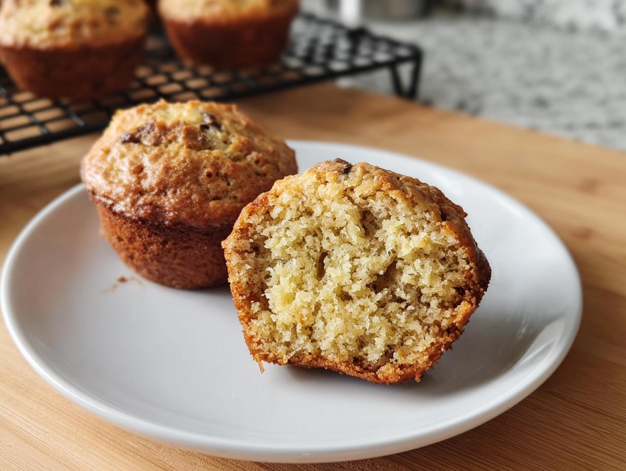 Two Healthy Banana Muffins on a white plate, one cut in half to show the texture inside.