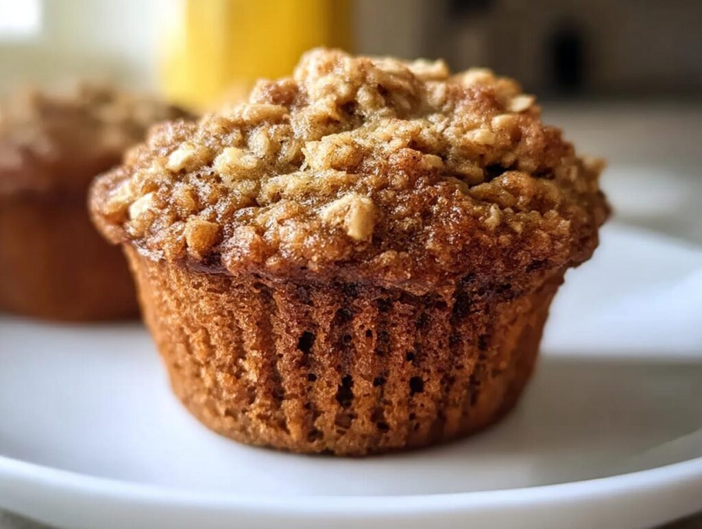 A close-up shot of a delicious Healthy Banana Oatmeal Muffin with a textured oat topping on a white plate.