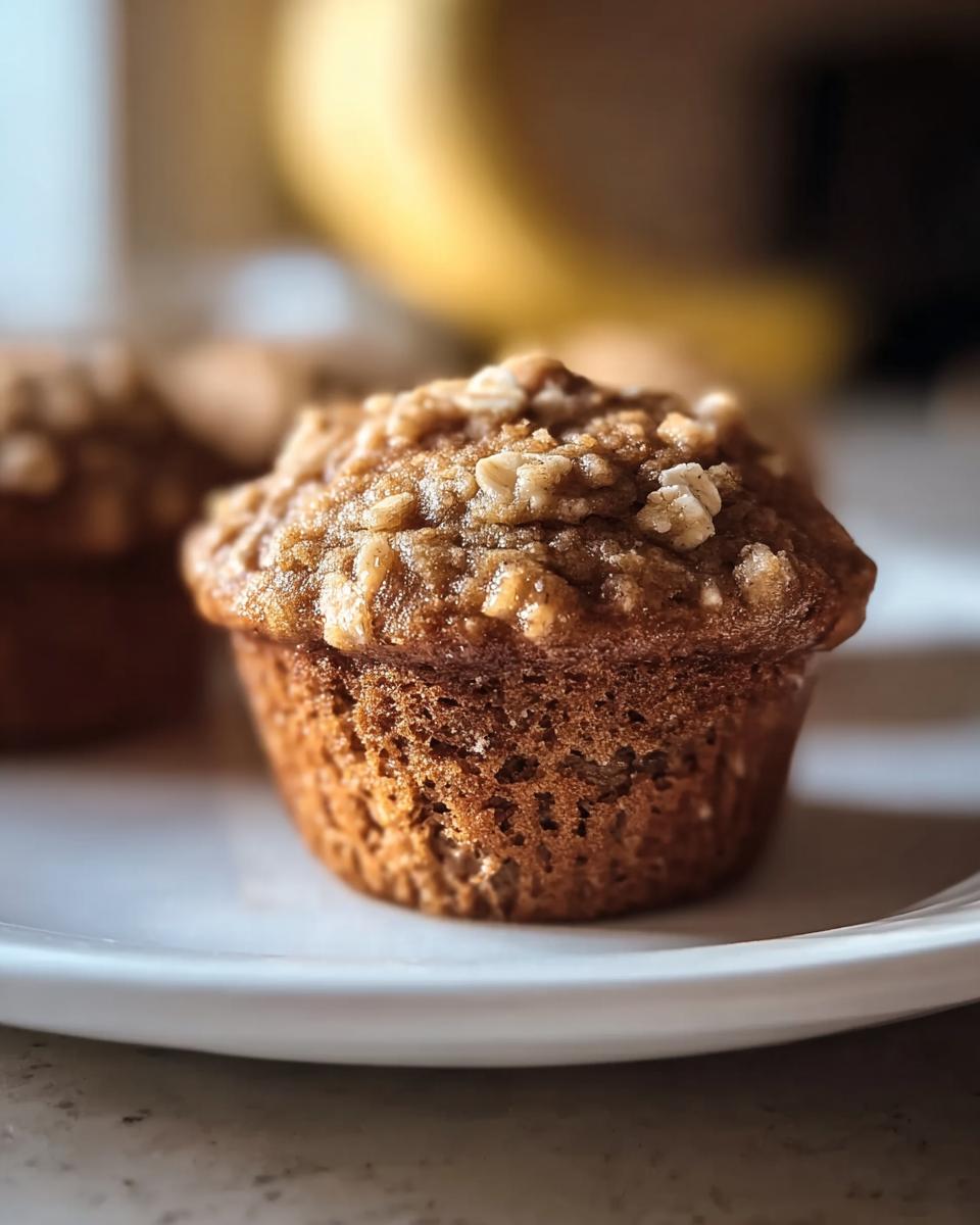 Close-up of a Healthy Banana Oatmeal Muffin on a white plate, showing the oat topping and muffin texture.