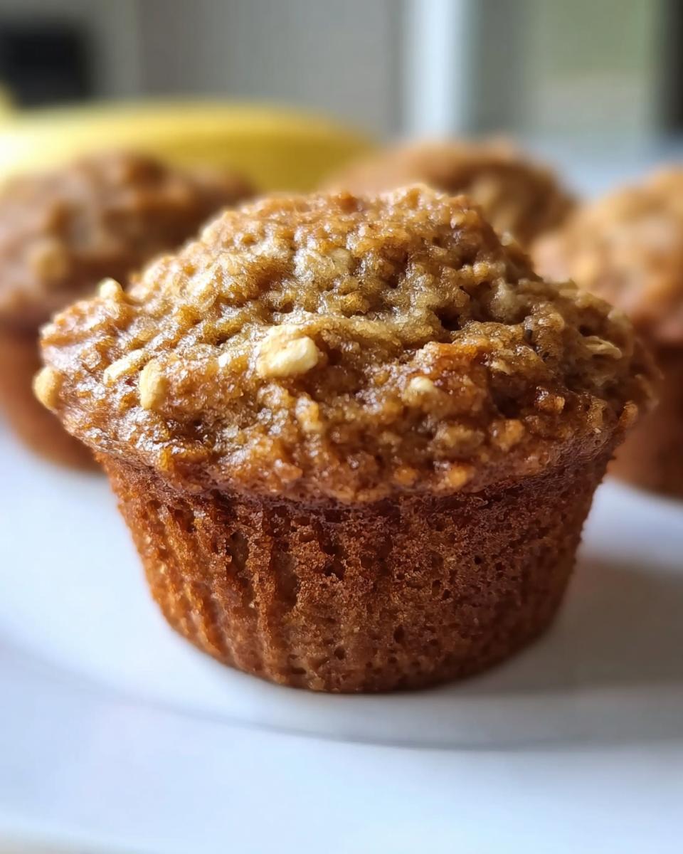 Close-up of a delicious Healthy Banana Oatmeal Muffin on a white plate, with other muffins and a banana in the background.