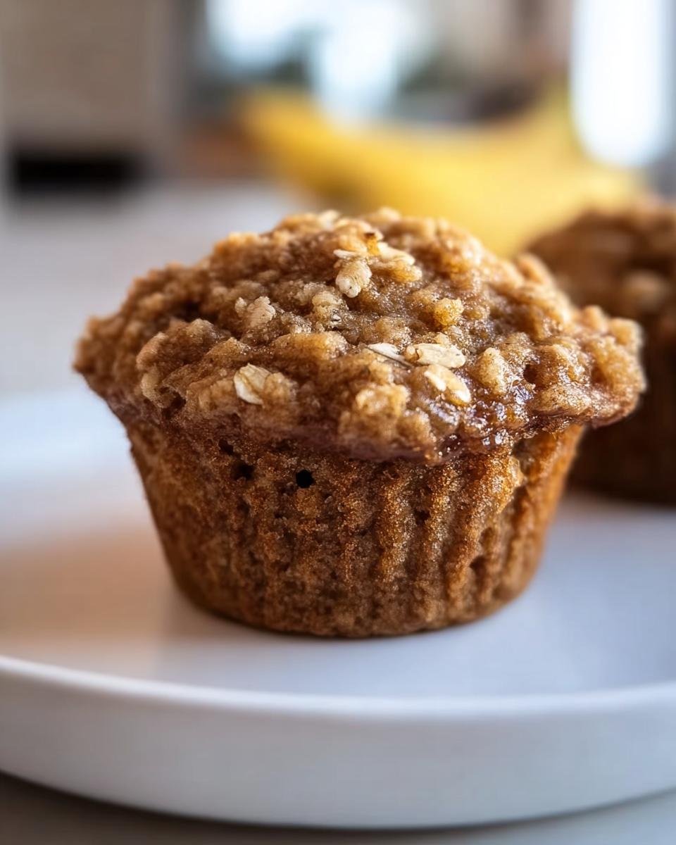 Close-up of a Healthy Banana Oatmeal Muffin with a textured top on a white plate.