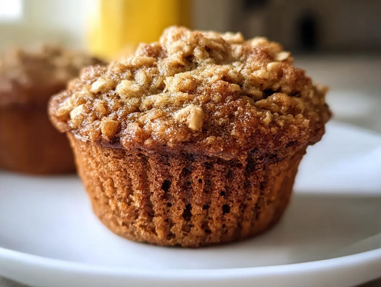 A close-up shot of a delicious Healthy Banana Oatmeal Muffin with a textured oat topping on a white plate.