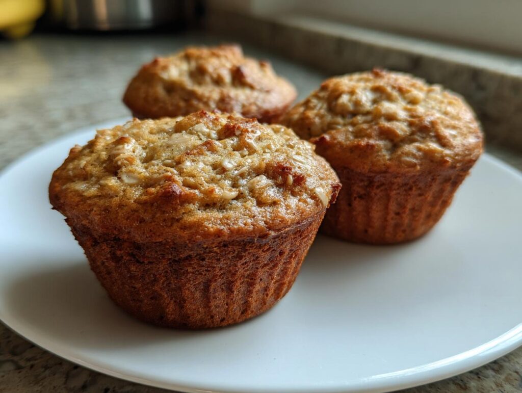 Three healthy banana oatmeal muffins arranged on a white plate, showcasing their texture and golden-brown color.