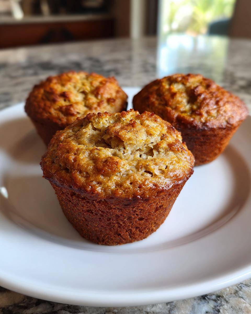 Three healthy banana oatmeal muffins arranged on a white plate, showcasing their texture and golden-brown color.