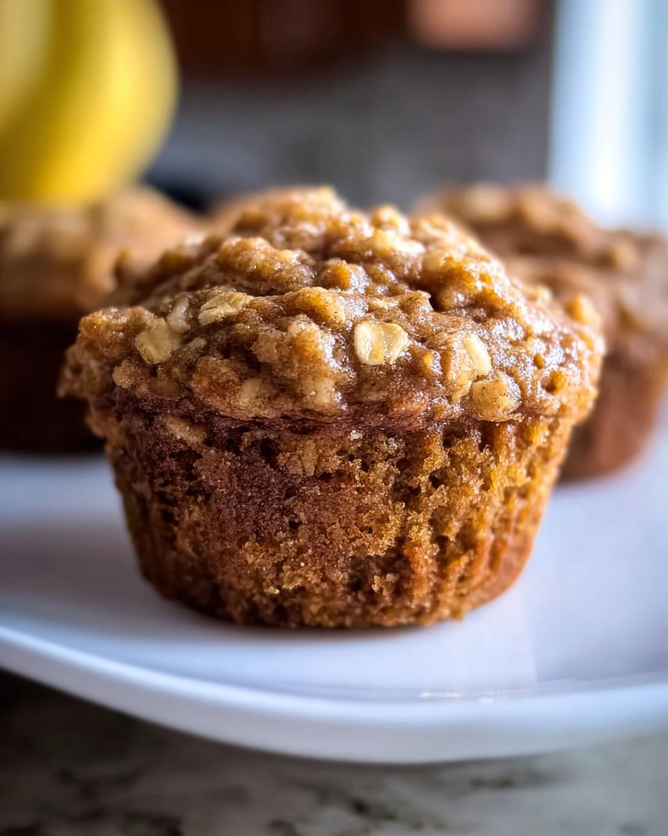 A close-up of a healthy banana oatmeal muffin with a textured top, sitting on a white plate.