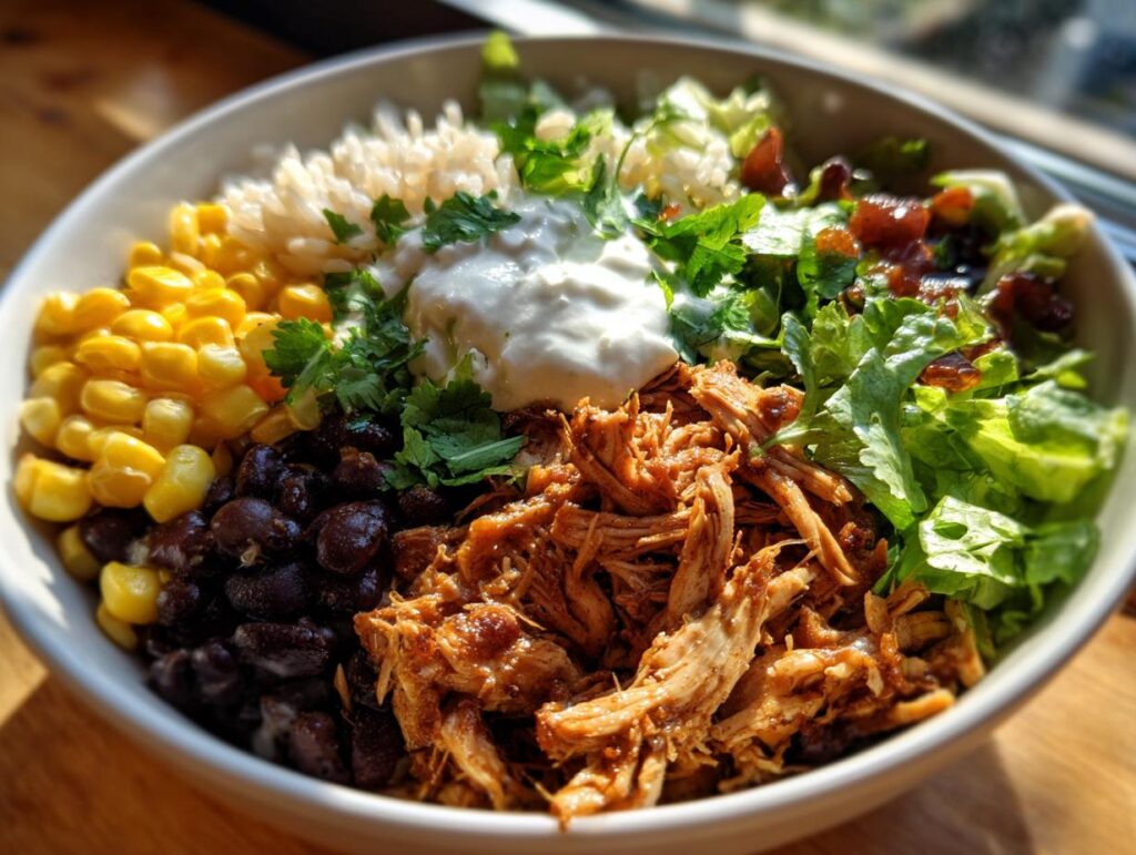 A vibrant and delicious Healthy Chicken Taco Bowl filled with chicken, rice, beans, corn, lettuce, and sour cream.