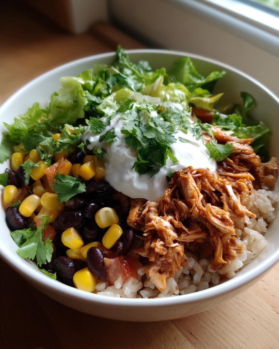 A vibrant Healthy Chicken Taco Bowl with rice, chicken, beans, corn, lettuce, and sour cream.