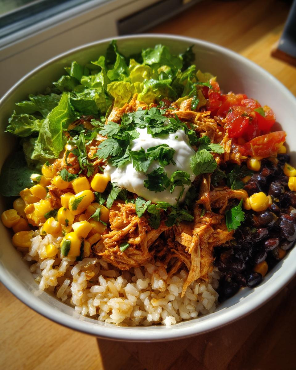 Overhead shot of a colorful Healthy Chicken Taco Bowl with rice, chicken, corn, beans, lettuce, salsa, and sour cream.