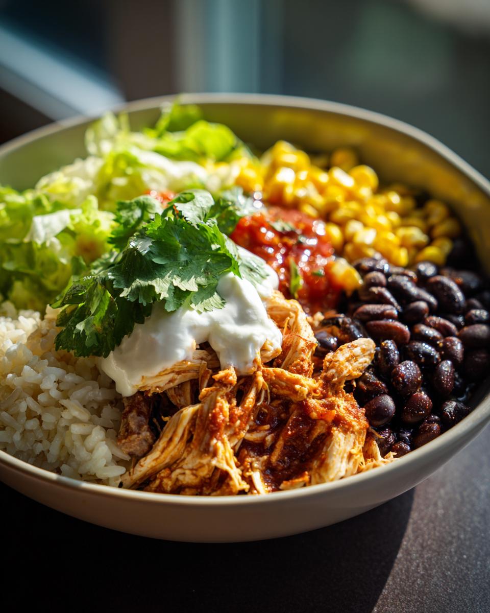 A vibrant healthy chicken taco bowl filled with rice, chicken, black beans, corn, salsa, lettuce, sour cream and cilantro.