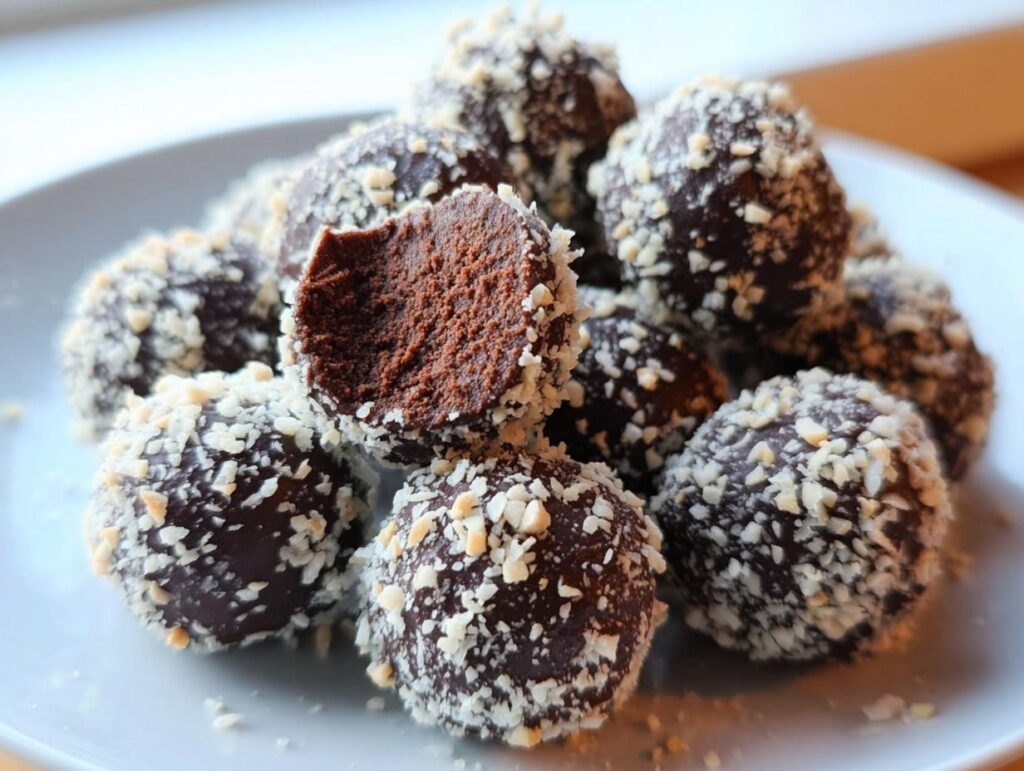 A pile of Healthy Chocolate Chickpea Truffles, one with a bite taken out, revealing the inside texture.