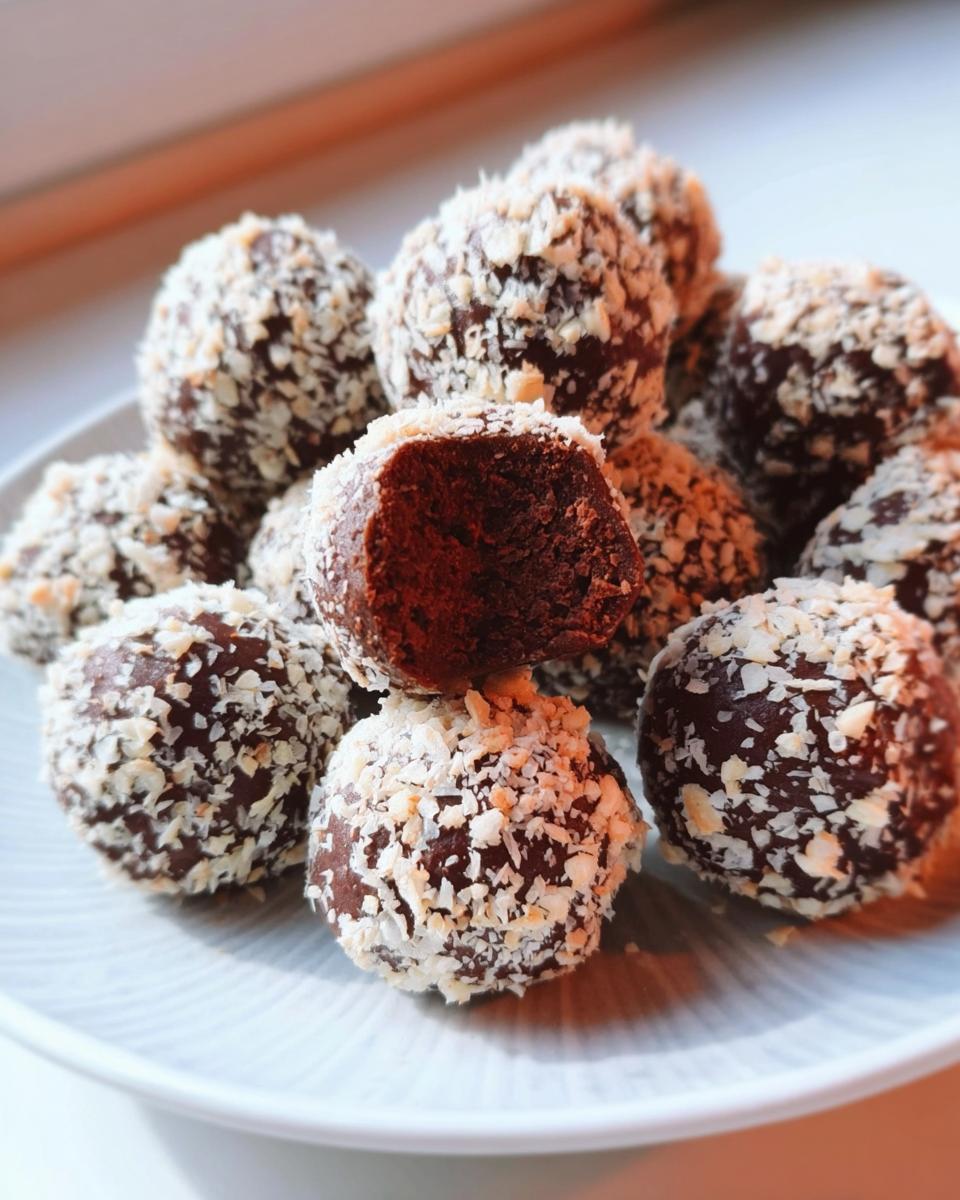 Pile of Healthy Chocolate Chickpea Truffles coated in coconut flakes, one with a bite taken out.