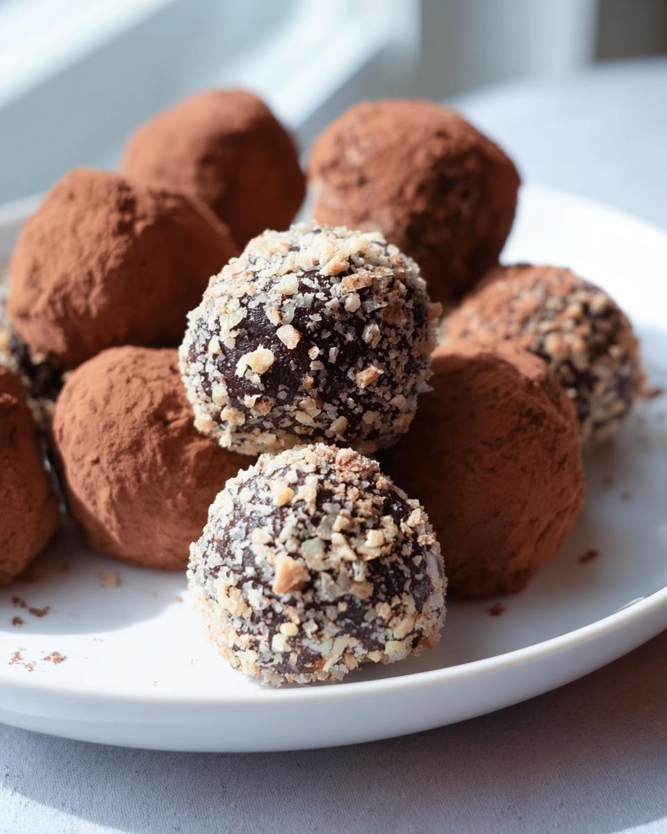 A plate of Healthy Chocolate Chickpea Truffles, some coated in cocoa powder and others in chopped nuts.
