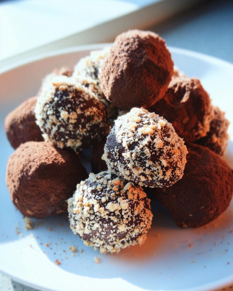 A pile of Healthy Chocolate Chickpea Truffles, some coated in cocoa powder and others in chopped nuts, on a white plate.