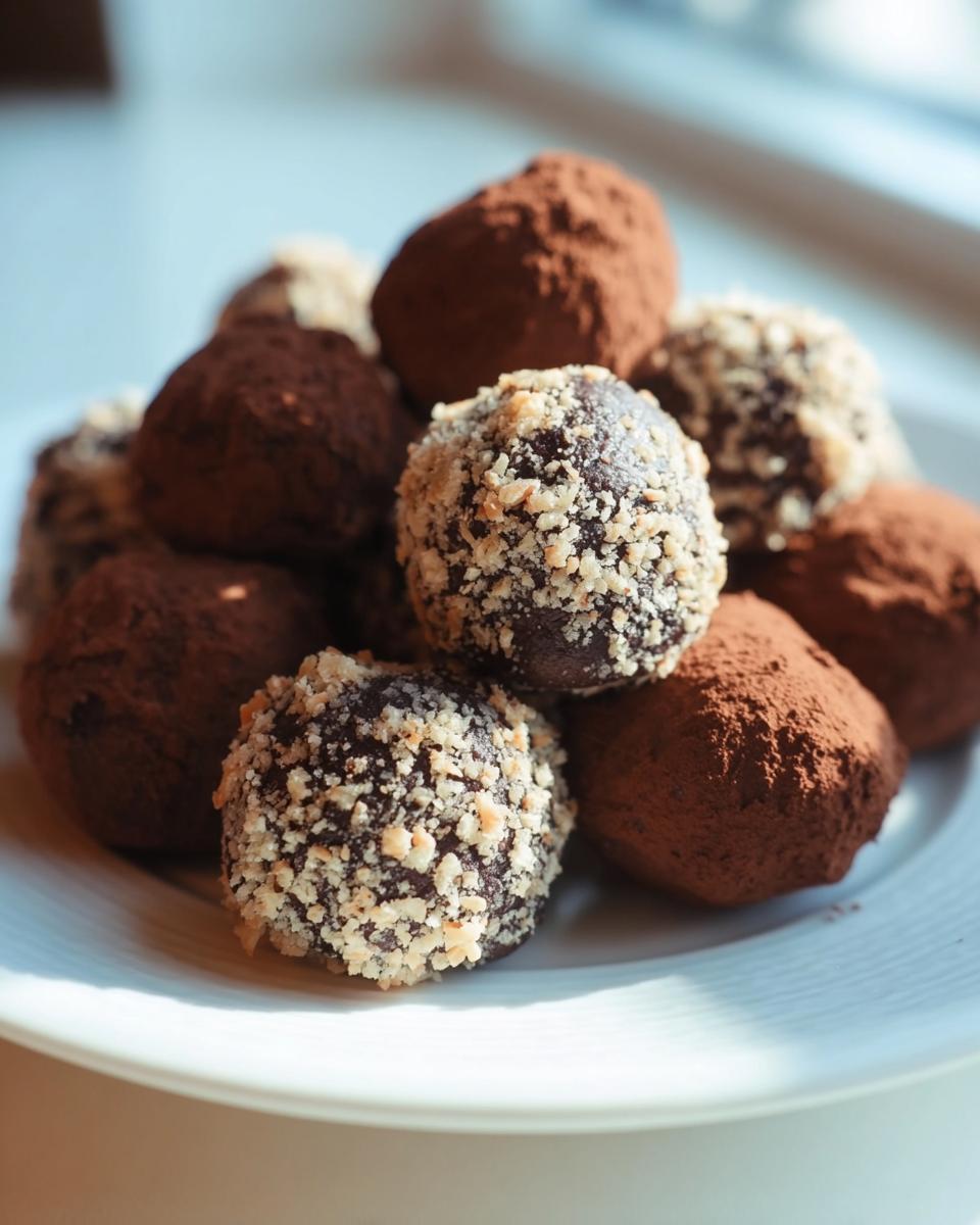 A plate of Healthy Chocolate Chickpea Truffles, some coated in cocoa powder, others in chopped nuts.