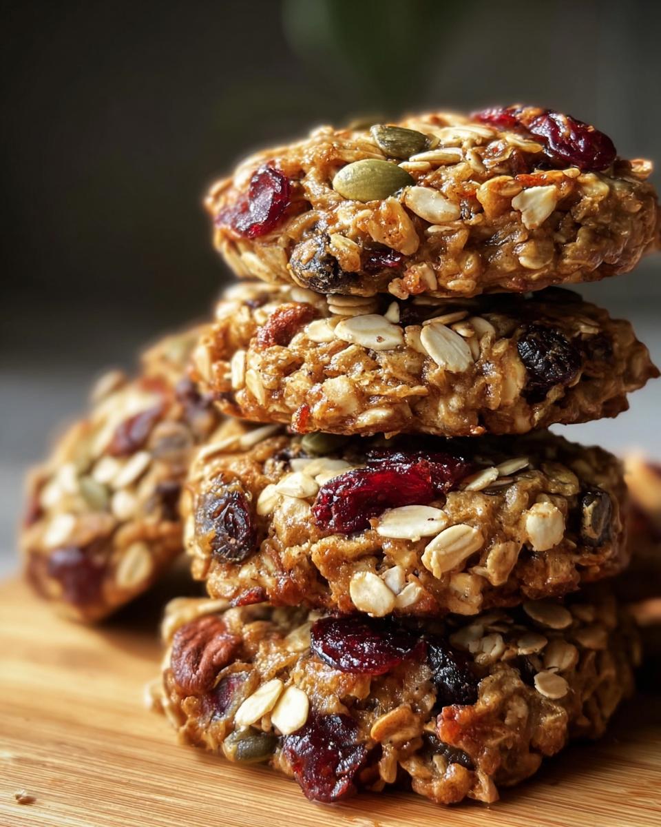 A stack of four Healthy Nut Energy Cookies, loaded with oats, nuts, seeds, and dried cranberries.