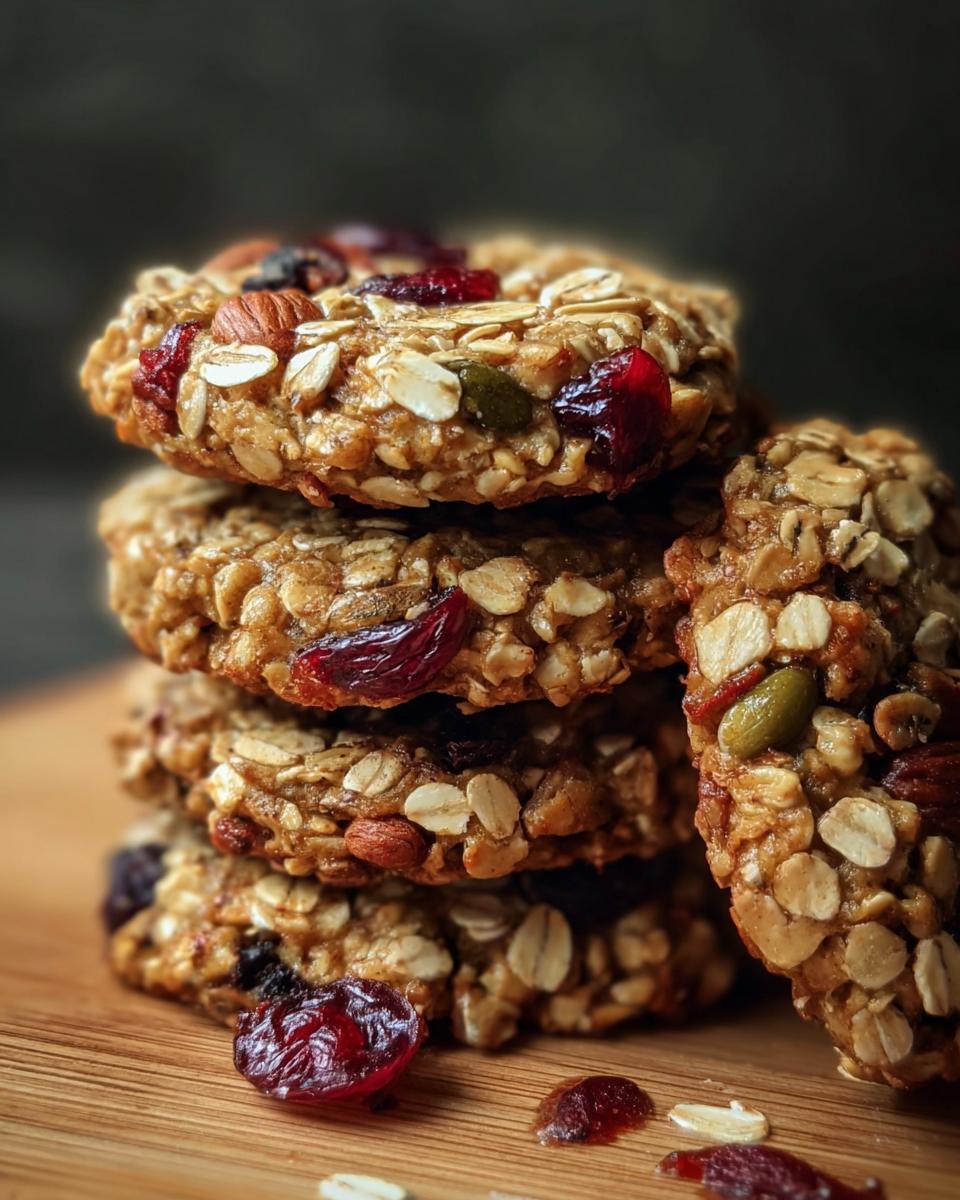 A stack of four Healthy Nut Energy Cookies, featuring oats, nuts, seeds, and dried cranberries.
