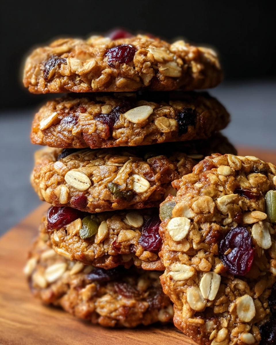 A stack of homemade Healthy Nut Energy Cookies featuring oats, nuts, and dried cranberries.
