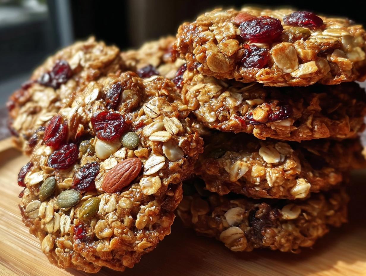 A stack of homemade Healthy Nut Energy Cookies, featuring oats, cranberries, and various nuts and seeds.