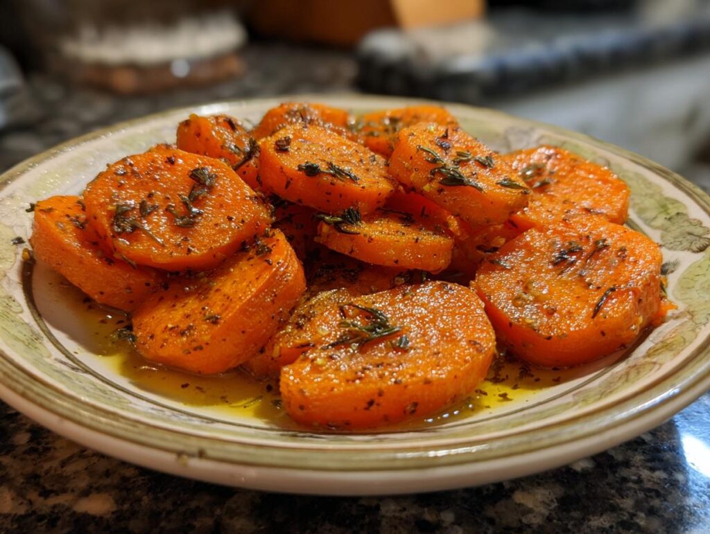 A plate of vibrant, glazed Healthy Smashed Carrots, seasoned with herbs and glistening with oil.