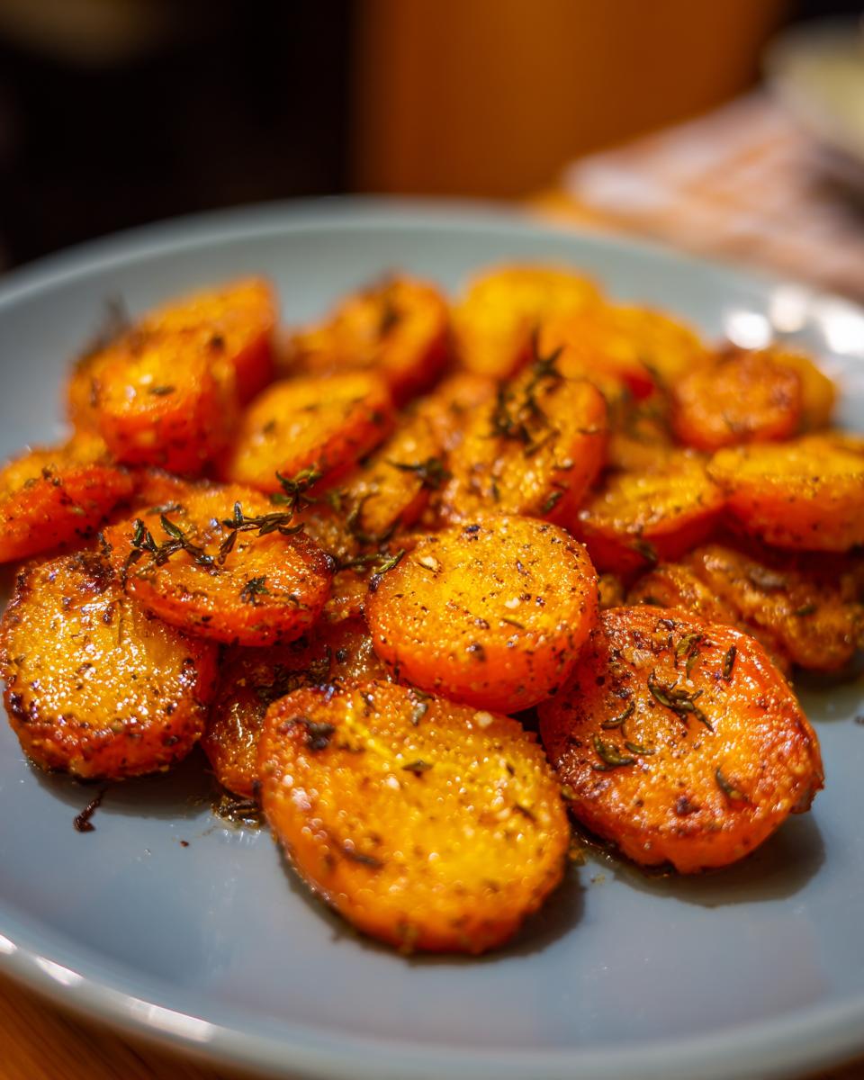 A plate of delicious Healthy Smashed Carrots, seasoned with herbs and spices, ready to eat.