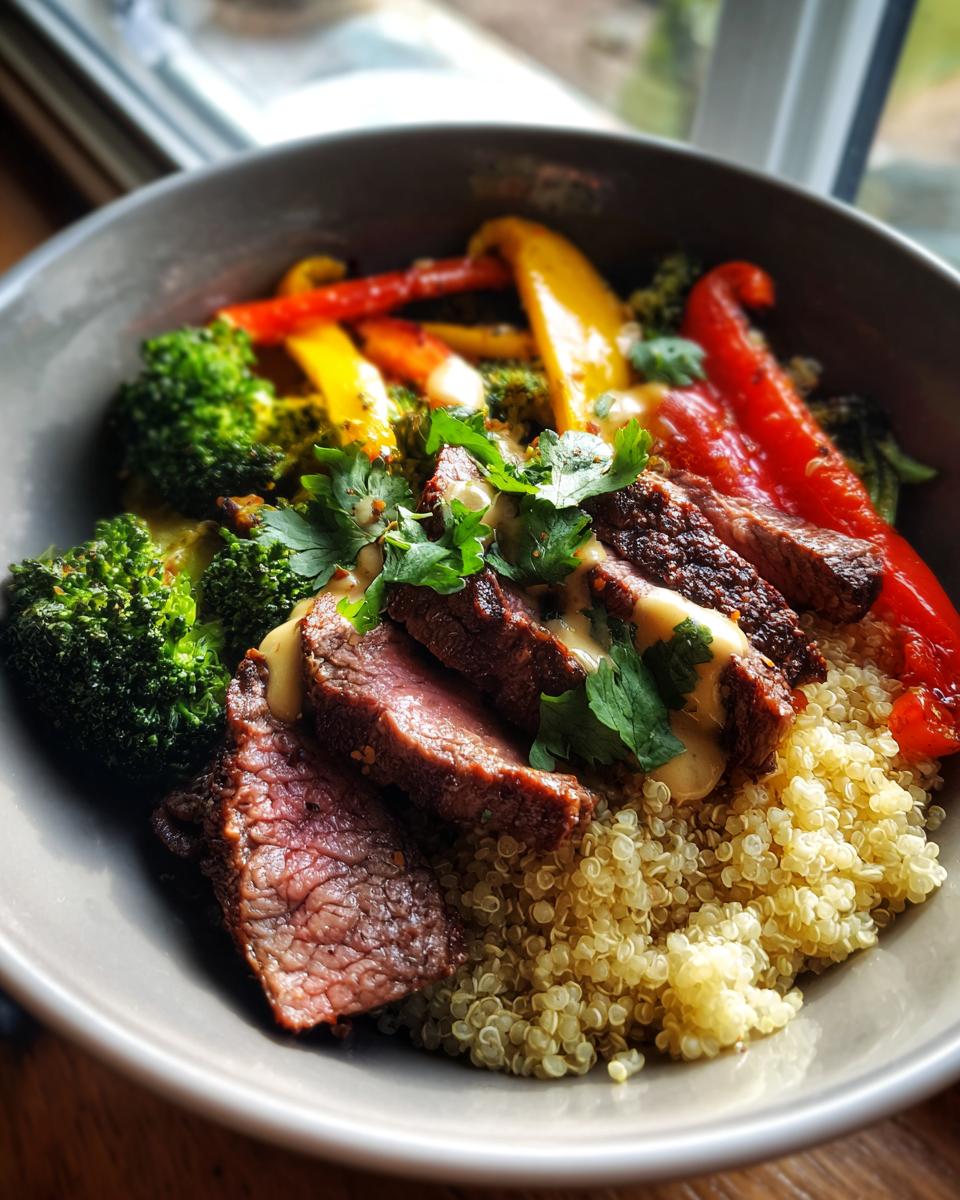 A vibrant Healthy Steak Bowl featuring sliced steak, quinoa, broccoli, and bell peppers, drizzled with sauce and garnished with cilantro.