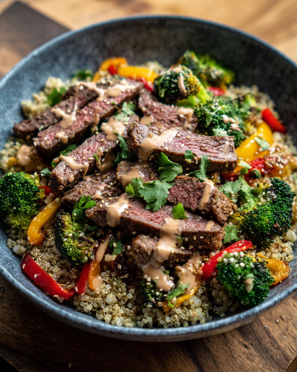 A vibrant Healthy Steak Bowl featuring sliced steak, quinoa, broccoli, bell peppers, and a creamy sauce.