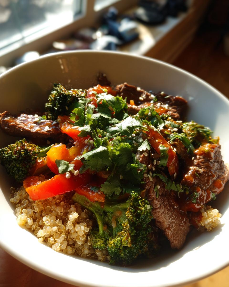 Close-up of a Healthy Steak Bowl with quinoa, broccoli, red peppers, cilantro, and sesame seeds.