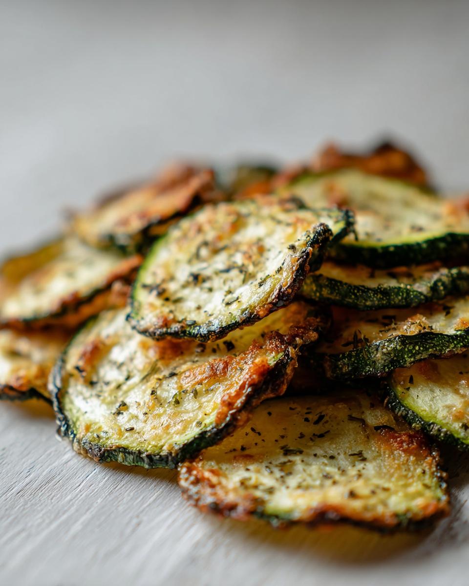 Pile of crispy Healthy Zucchini Chips, seasoned and baked to perfection.