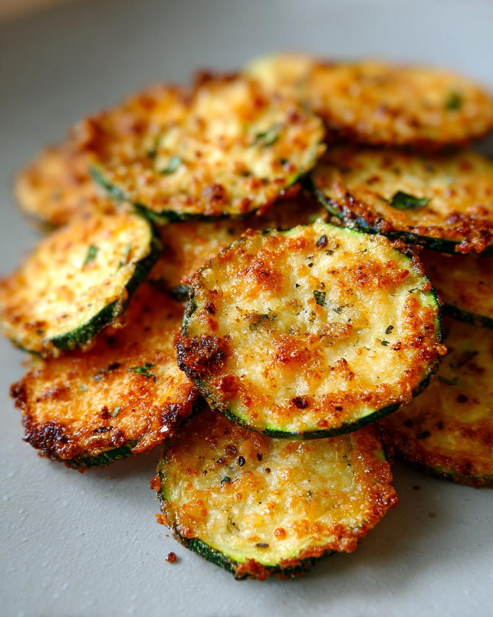A stack of golden, crispy Healthy Zucchini Chips, seasoned with herbs and spices.