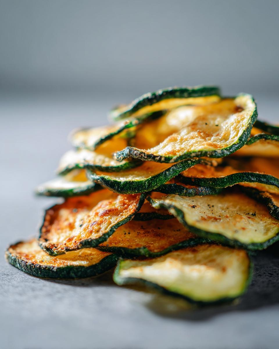 A stack of golden, crispy Healthy Zucchini Chips, showing their texture and seasoning.