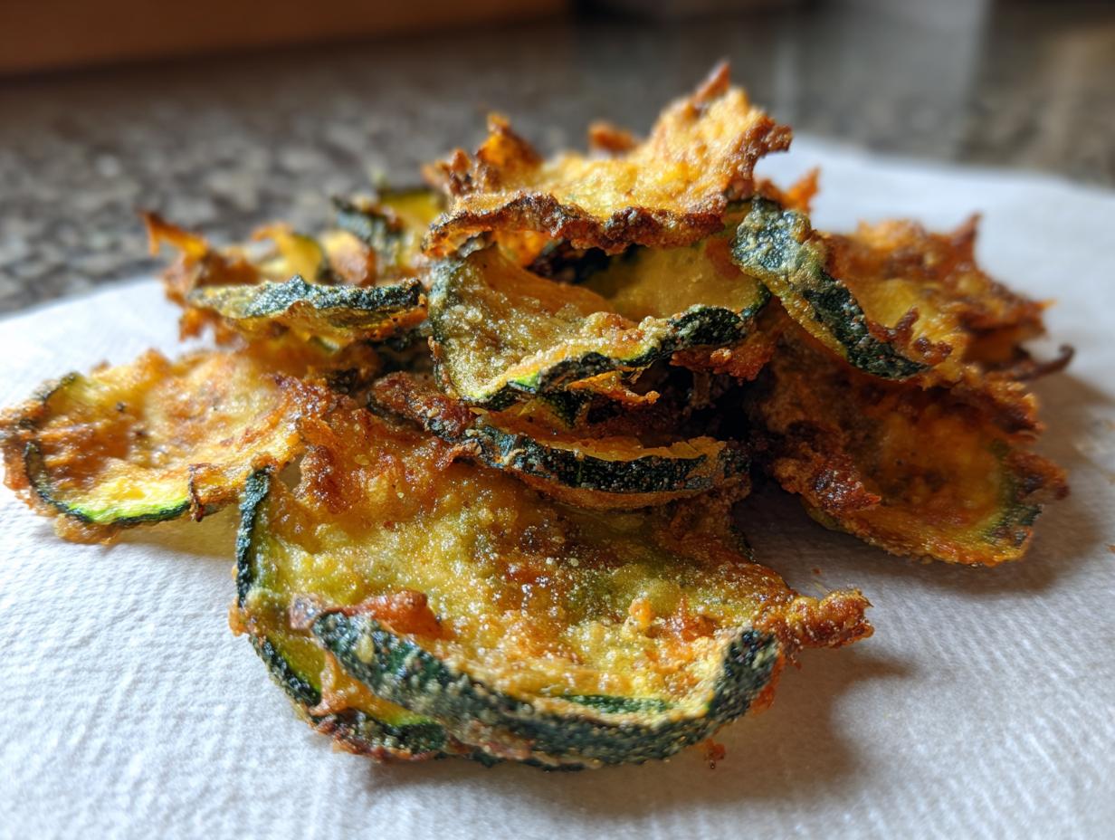 A close-up of crispy Healthy Zucchini Chips piled on a white paper towel.