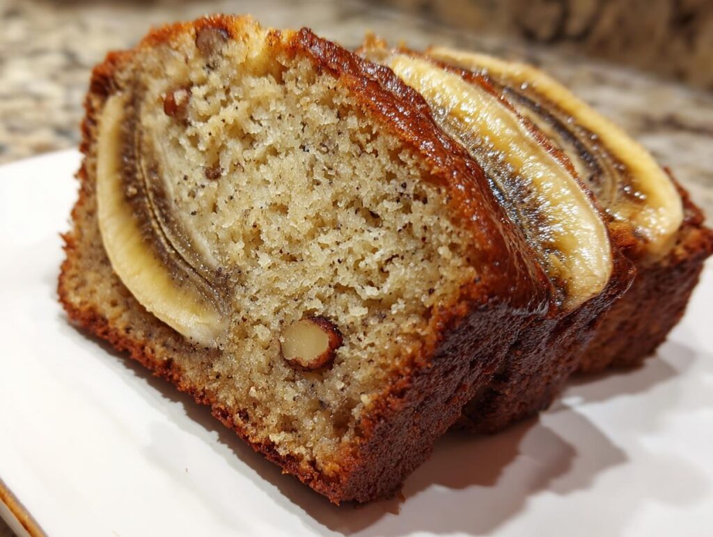 A slice of High Protein Banana Bread with Greek Yogurt, topped with banana slices and nuts.