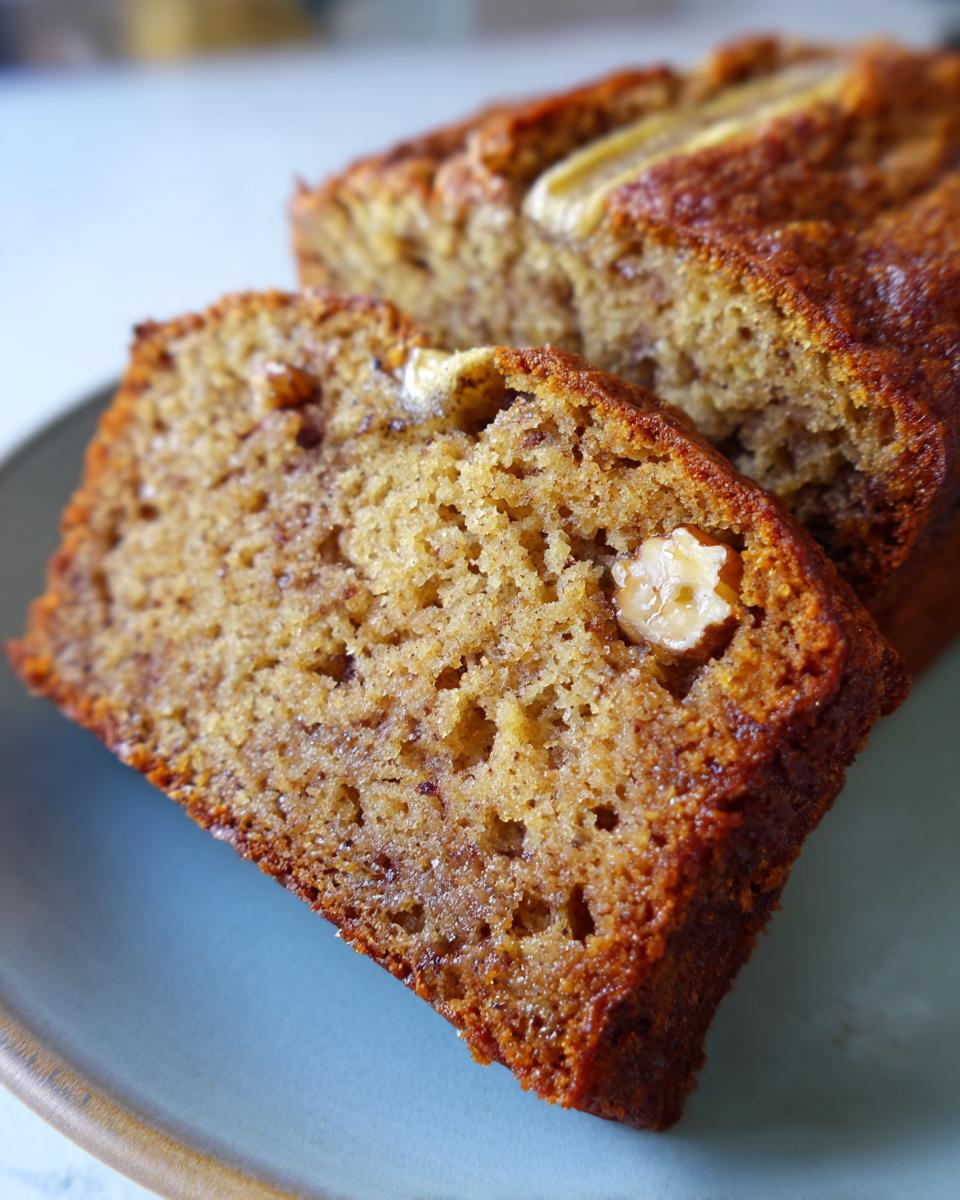 Close-up of a slice of High Protein Banana Bread with Greek Yogurt, showing texture and nuts.