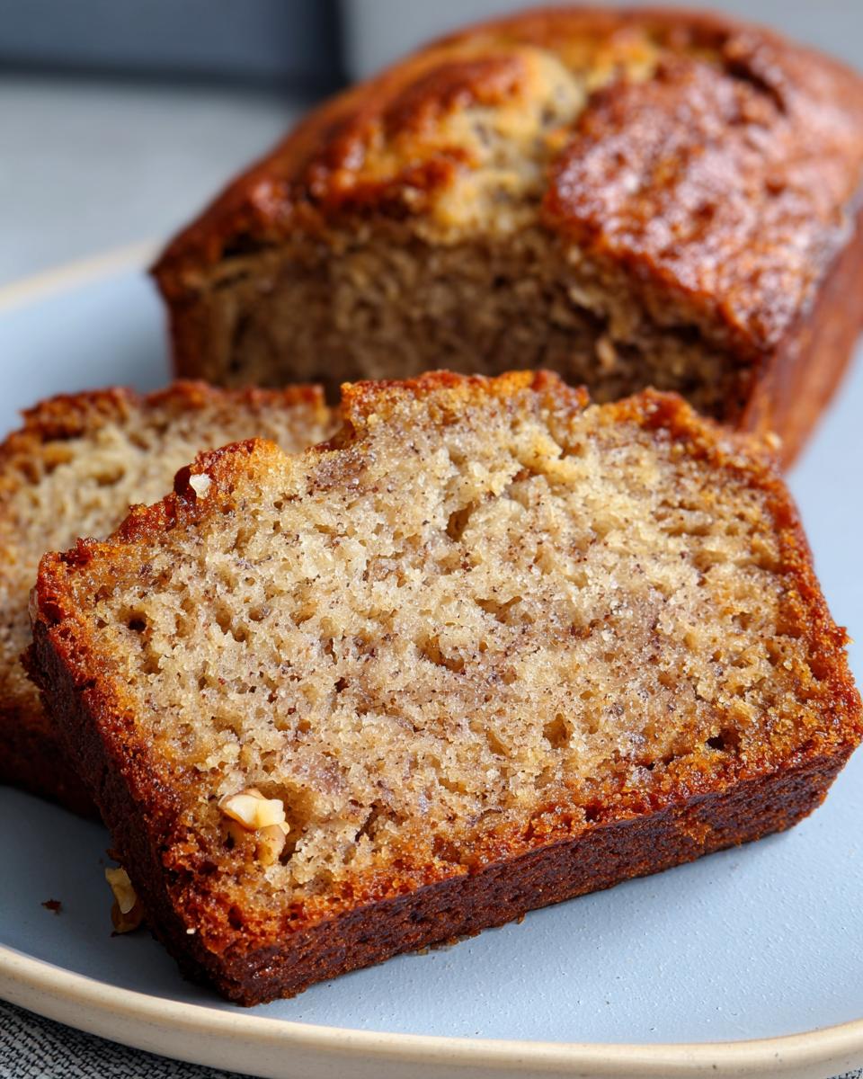 Close-up of sliced High Protein Banana Bread with Greek Yogurt on a plate, showing the texture and ingredients.