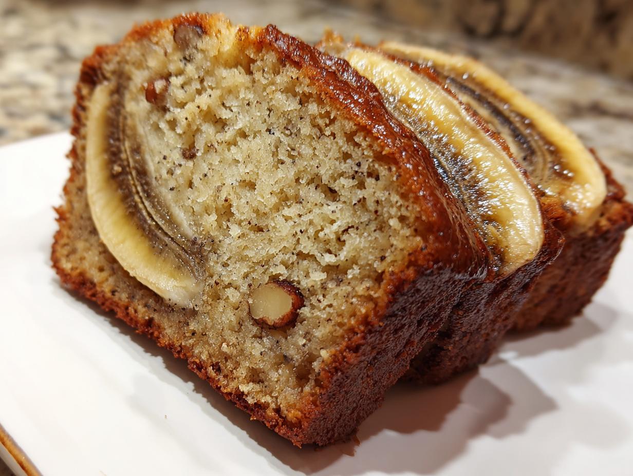 A slice of High Protein Banana Bread with Greek Yogurt, topped with banana slices and nuts.