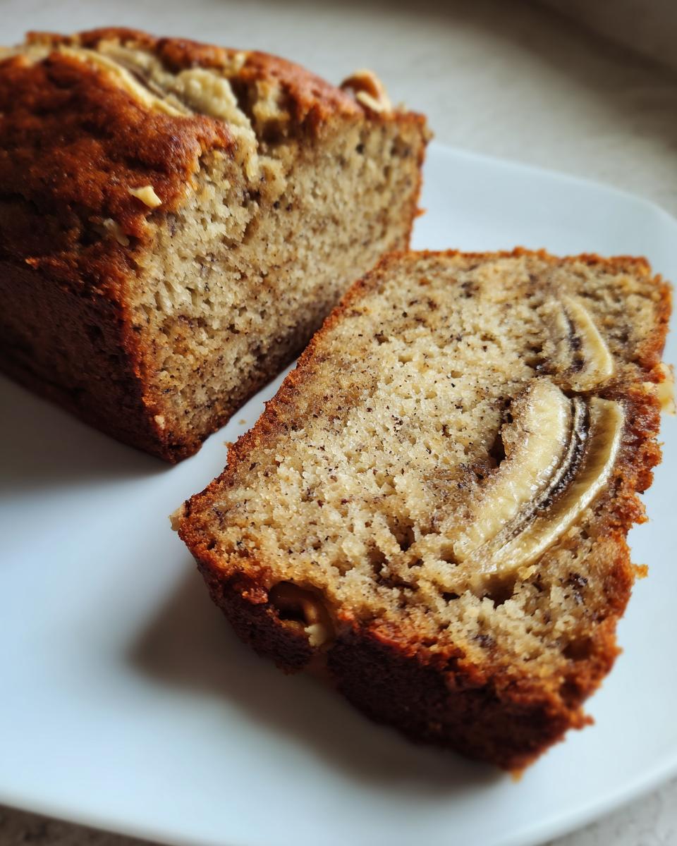 A slice of High Protein Banana Bread with Greek Yogurt, featuring banana slices on top, on a white plate.