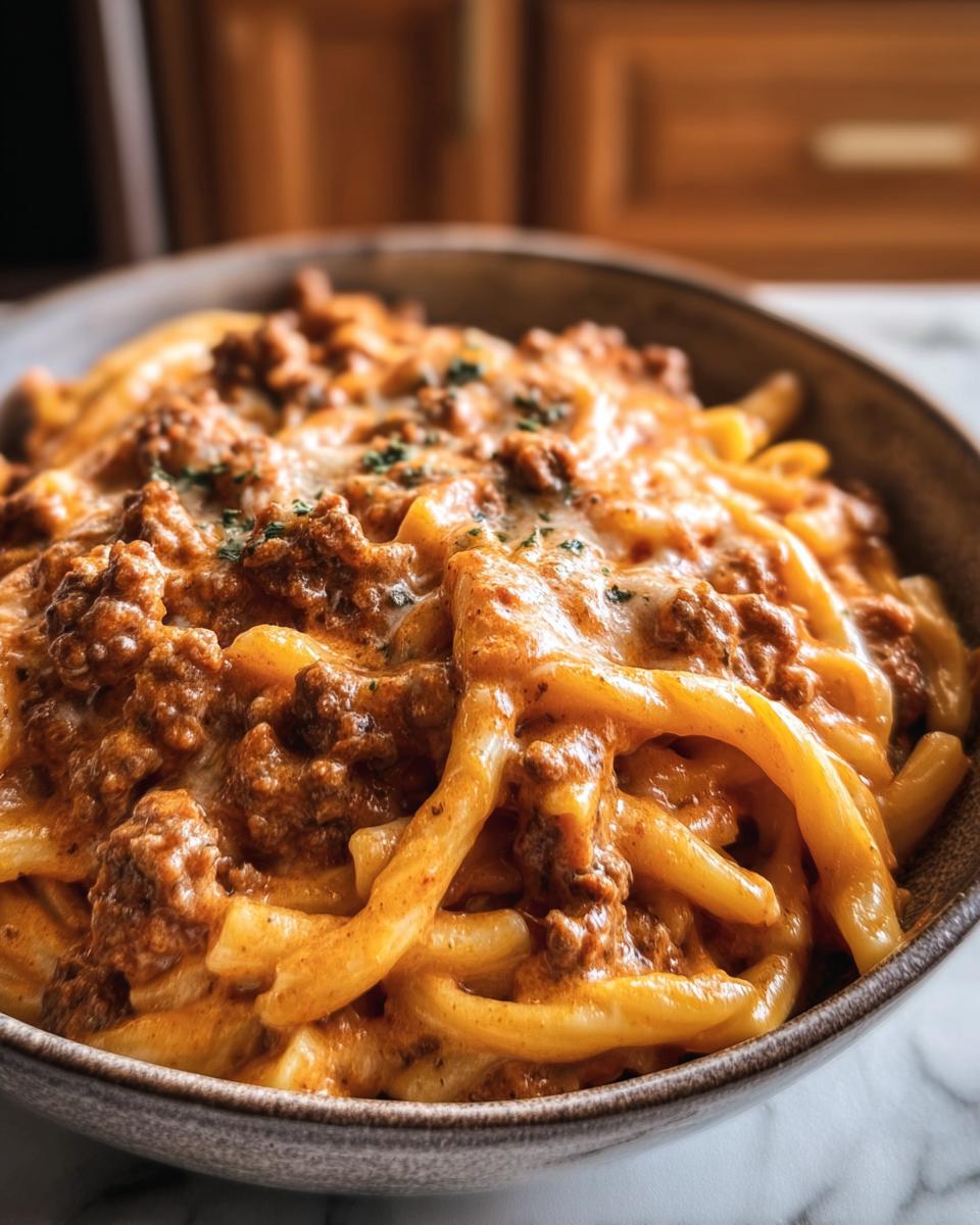 A bowl of delicious High Protein Beef Pasta, topped with melted cheese and herbs, ready to be served.