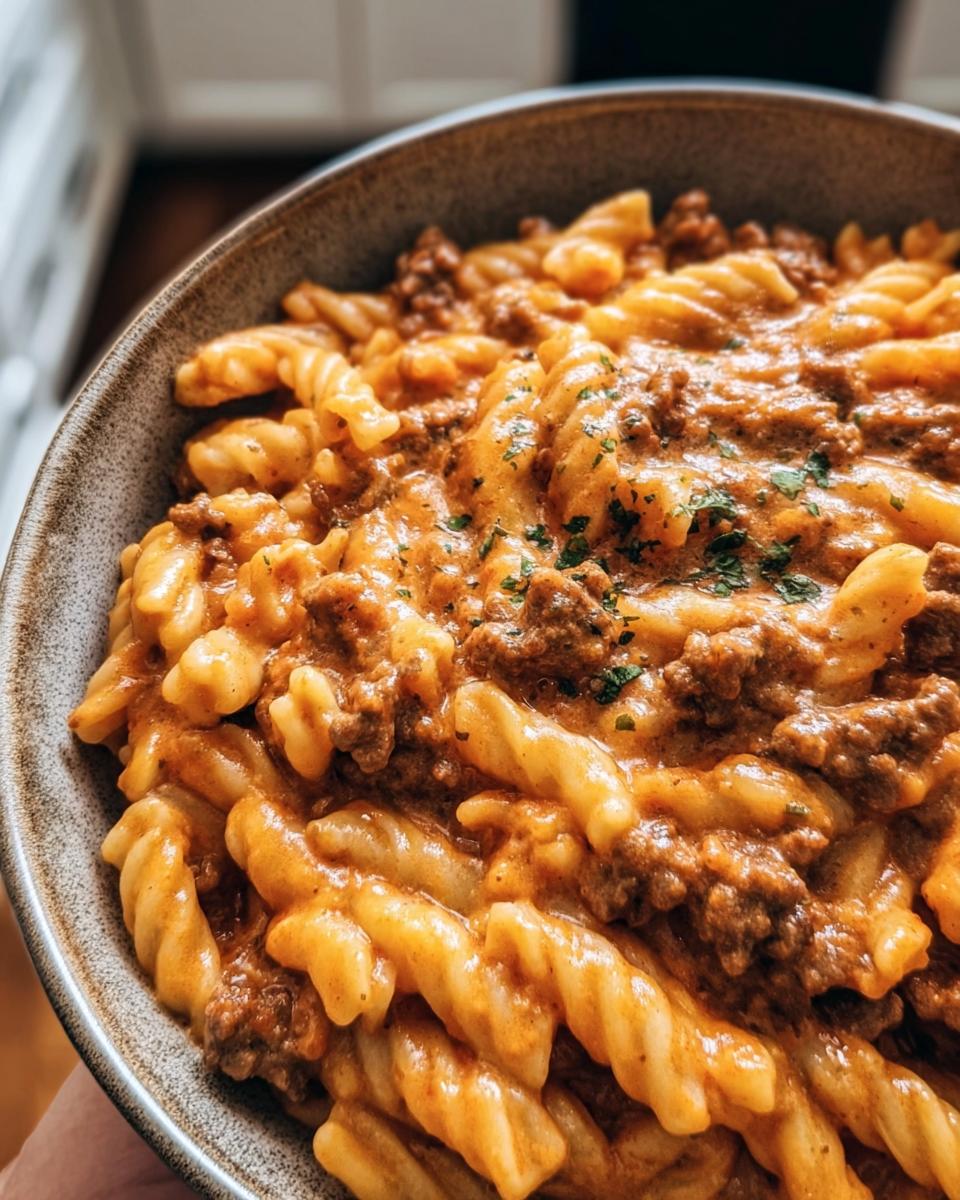 A close-up of a bowl filled with delicious High Protein Beef Pasta, featuring spiral pasta and a rich meat sauce.