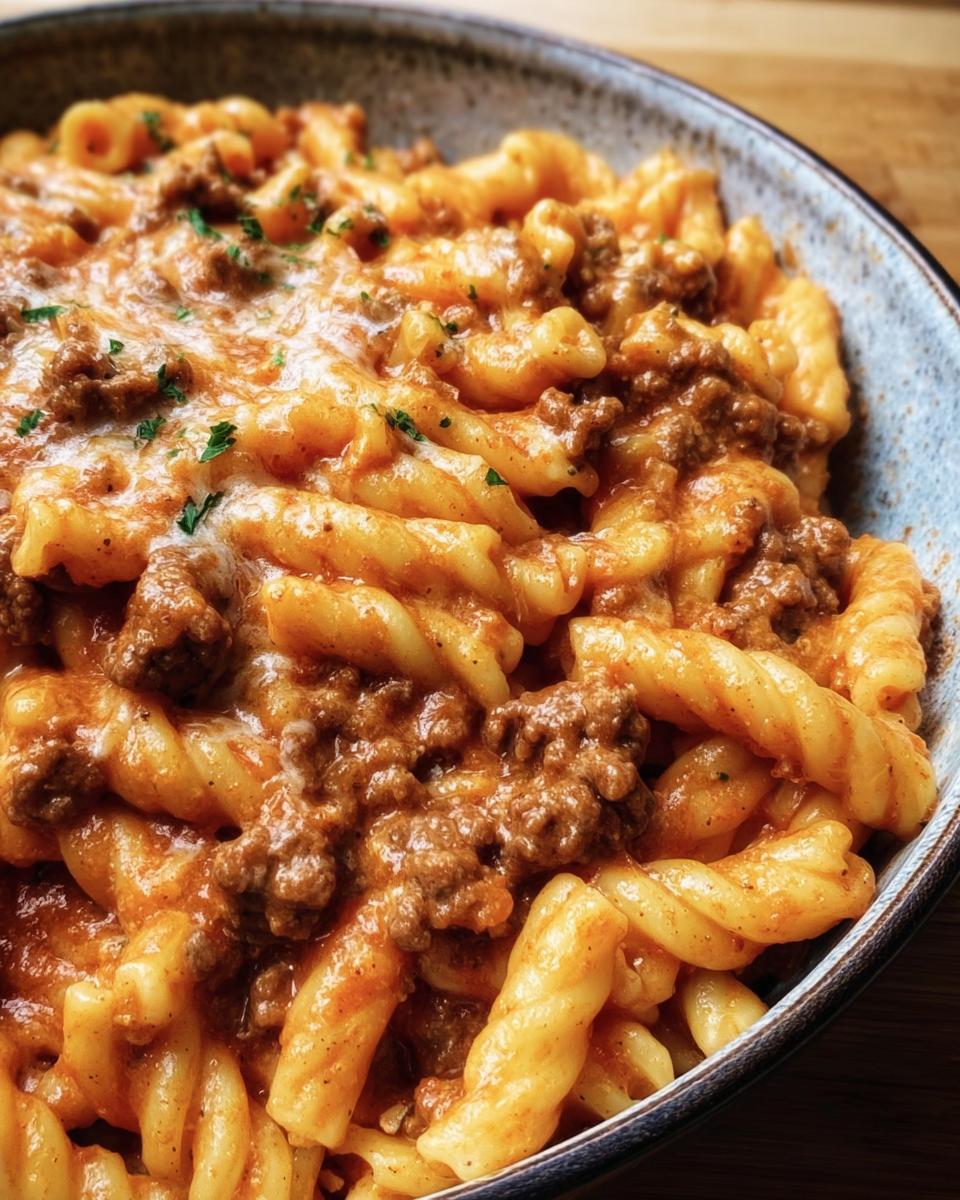 A bowl of delicious High Protein Beef Pasta, featuring spiral pasta, beef, tomato sauce, and melted cheese.