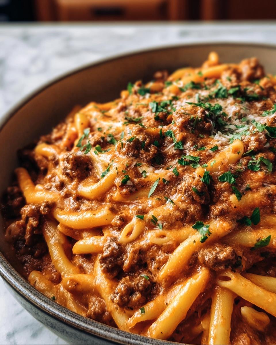 Close-up of a bowl of High Protein Beef Pasta, topped with fresh parsley and cheese.