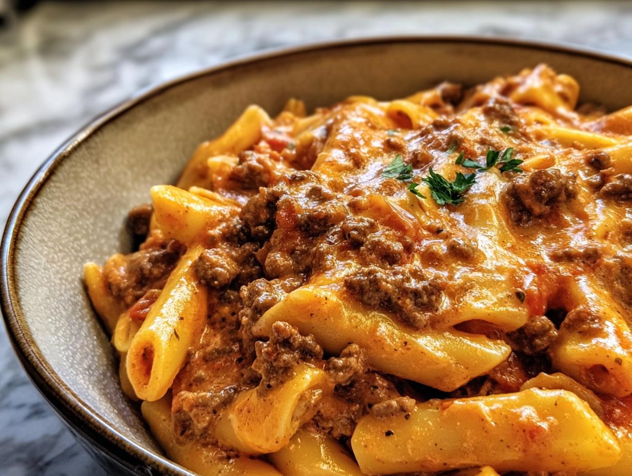 Close-up of a bowl of High Protein Beef Pasta, featuring penne pasta and a rich beef sauce, garnished with parsley.