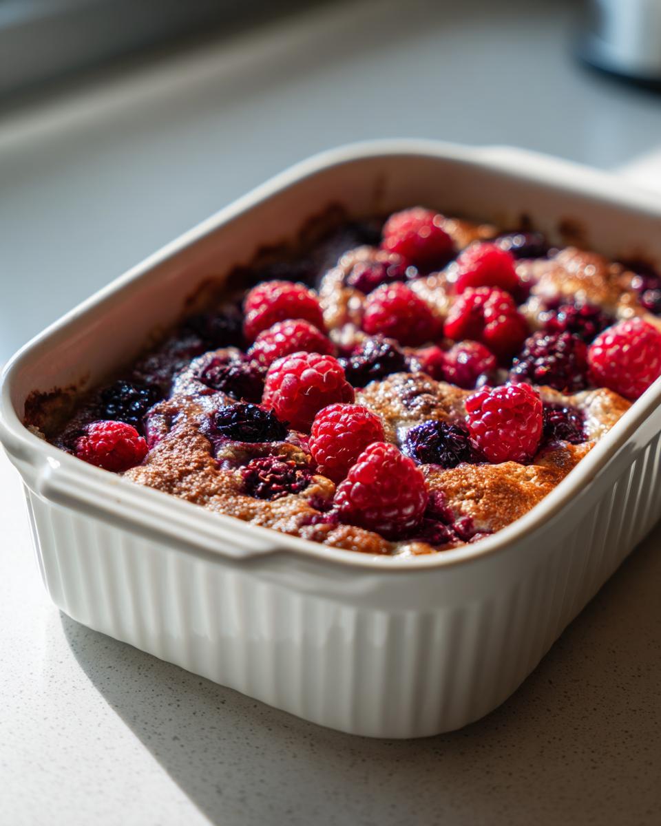 A delicious High Protein Berry Bake in a white baking dish, topped with fresh raspberries and blackberries.
