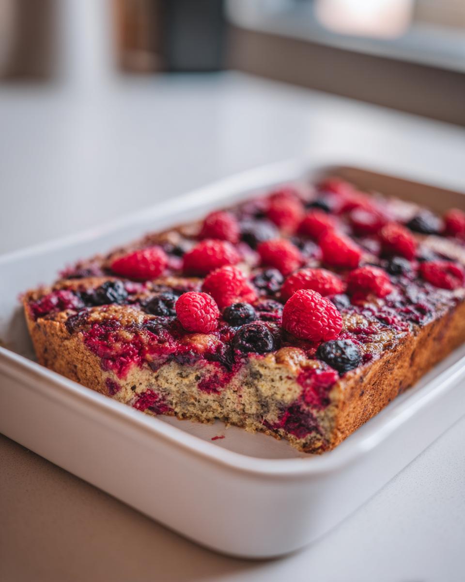 A fresh High Protein Berry Bake in a white baking pan, topped with raspberries and blackberries.