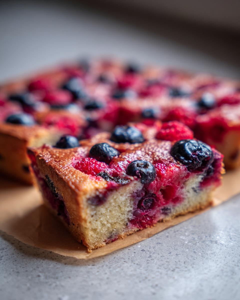 A slice of High Protein Berry Bake featuring fresh raspberries and blueberries on a golden crust.