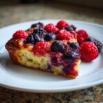 A slice of High Protein Berry Bake topped with fresh raspberries and blackberries on a white plate.