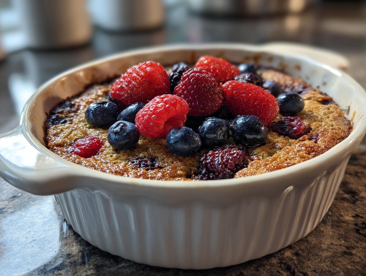 A delicious High Protein Berry Bake topped with fresh raspberries, blueberries, and blackberries in a white baking dish.