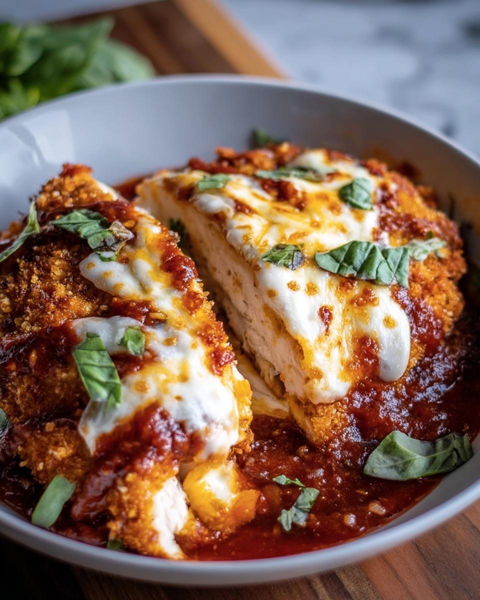 A delicious serving of High Protein Chicken Parm, topped with melted mozzarella, tomato sauce, and fresh basil.